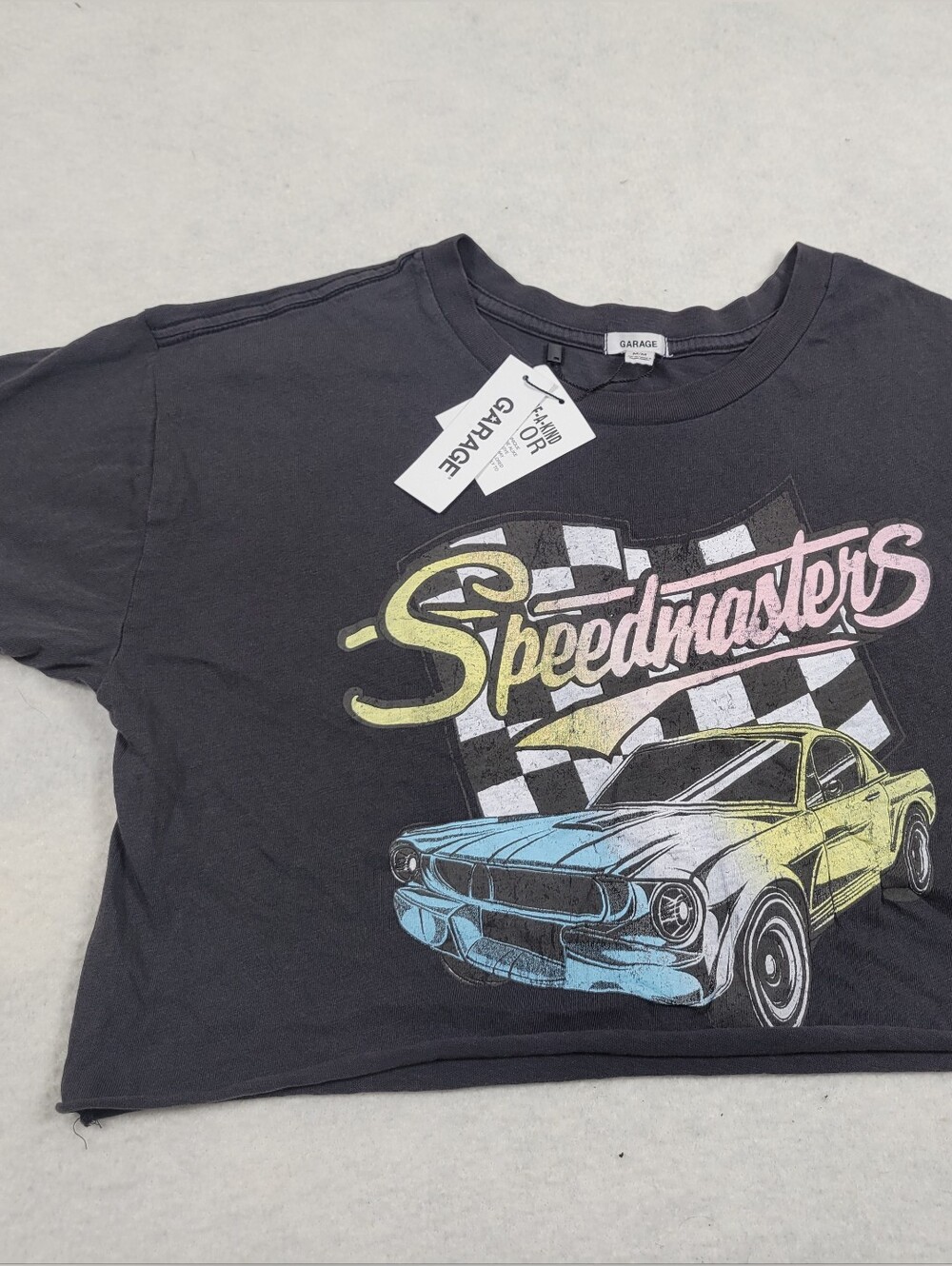 Garage "Speedmasters" Ultra Chopped Cropped Graphic Tee – Washed Black (Size M)